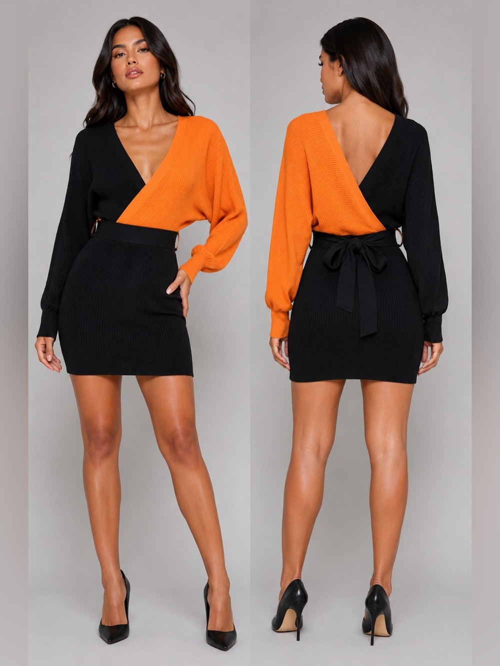 NWT BCBG Paris Colorblock Ribbed Sweater Wrap Mini Dress XS Black Orange